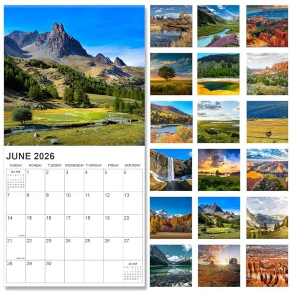 National Parks wall calendar open to June 2026, with photo collage and month grid.