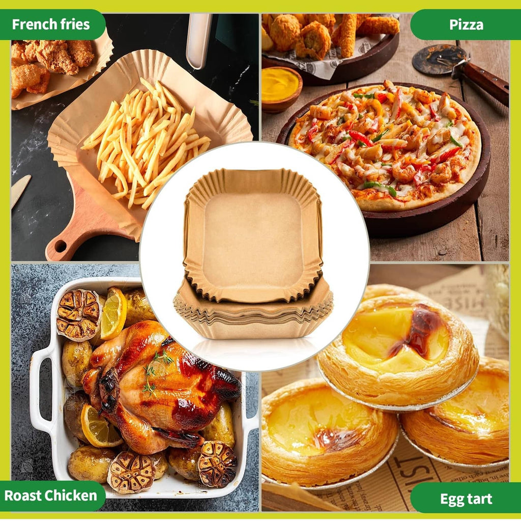 Disposable square air fryer paper liners, nature brown, ridged edges for cooking