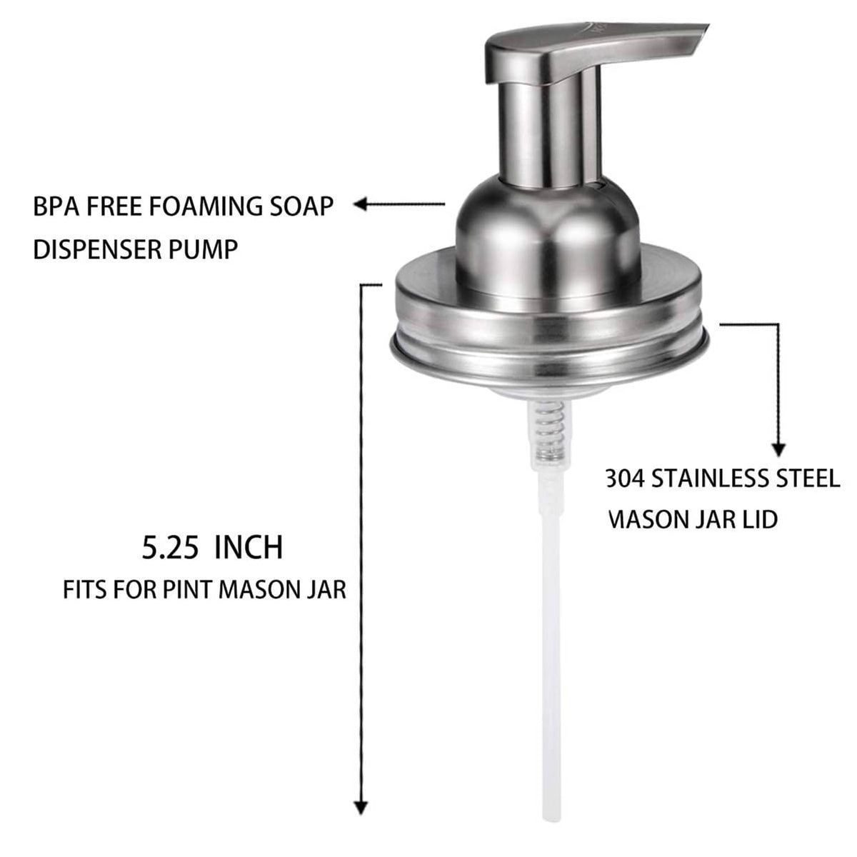 Foaming soap dispenser pump lid with stainless steel base and white dispensing tube