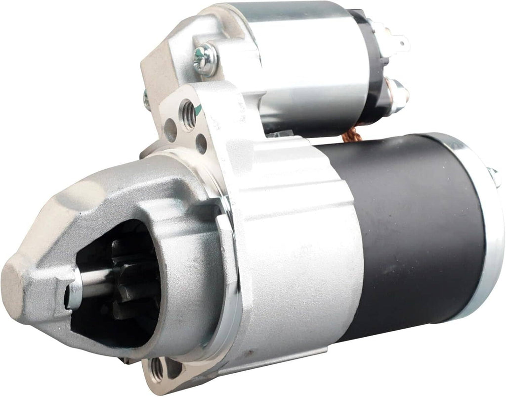 Silver starter motor with black cylindrical housing and side mounting bracket