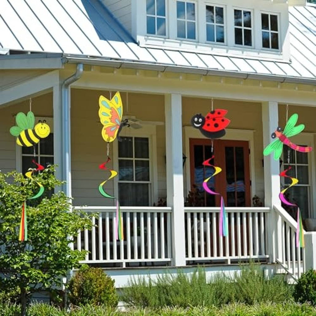 Four hanging wind spinners with ladybug, butterfly, dragonfly, and bee cartoon designs