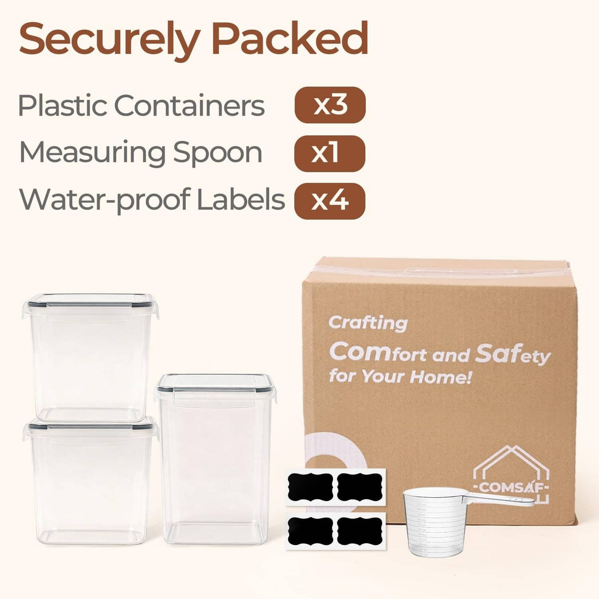 Set of 3 clear plastic containers with measuring scoop and waterproof labels, boxed
