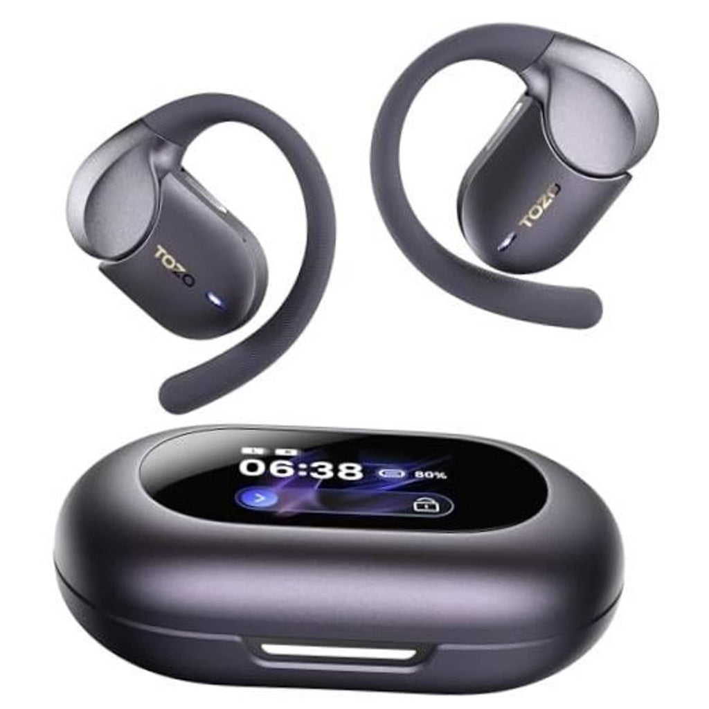 Pair of open-ear earbuds with curved earhooks in dark and silver tones