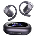Pair of open-ear earbuds with curved earhooks in dark and silver tones