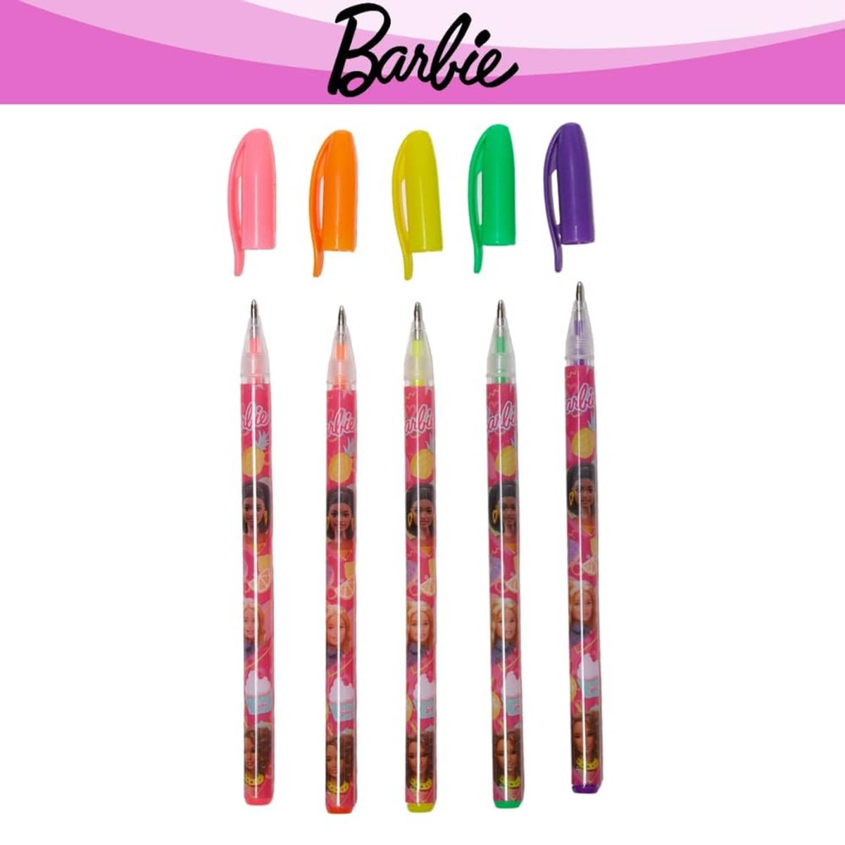 Five Barbie-style gel pens with colorful translucent bodies and pink patterned grips