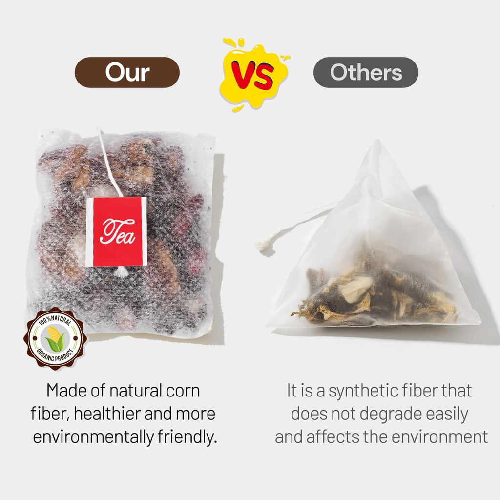 Tea bag bundle in mesh pouch with comparison label and natural corn fiber note
