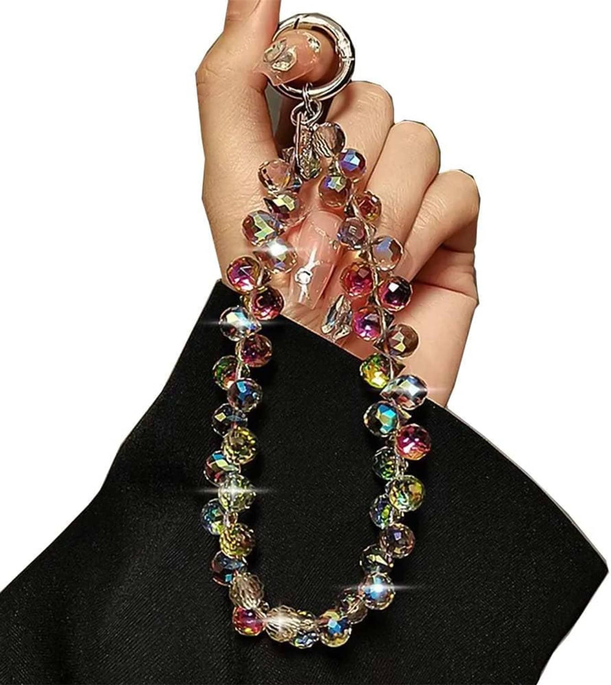 Crystal beaded wrist strap keychain with metal ring clasp and multicolor faceted beads