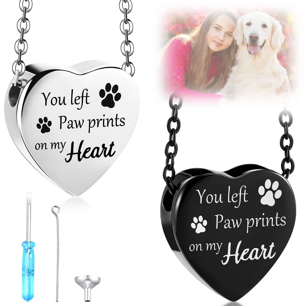 Silver heart-shaped urn necklace with paw-print engraving and black pendant set