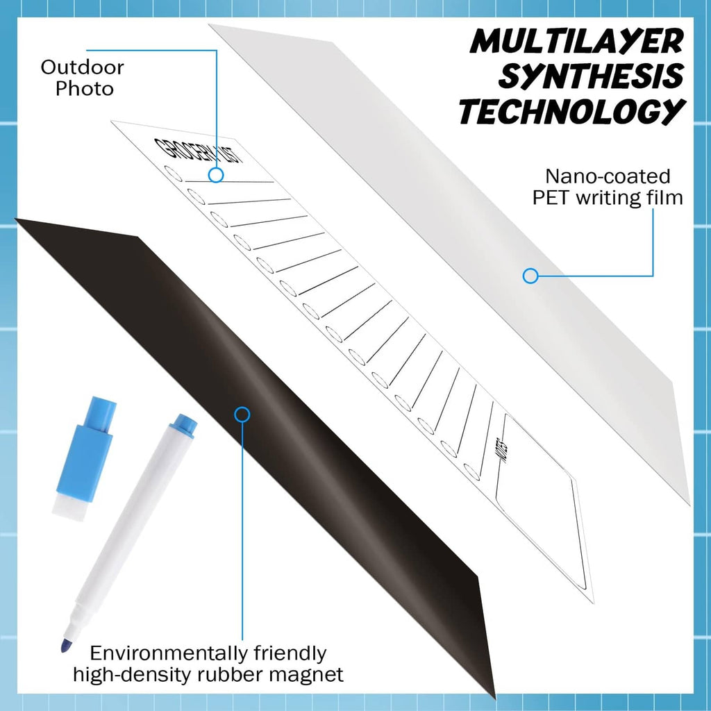 Magnetic dry-erase list boards with layered design and rubber magnet backing