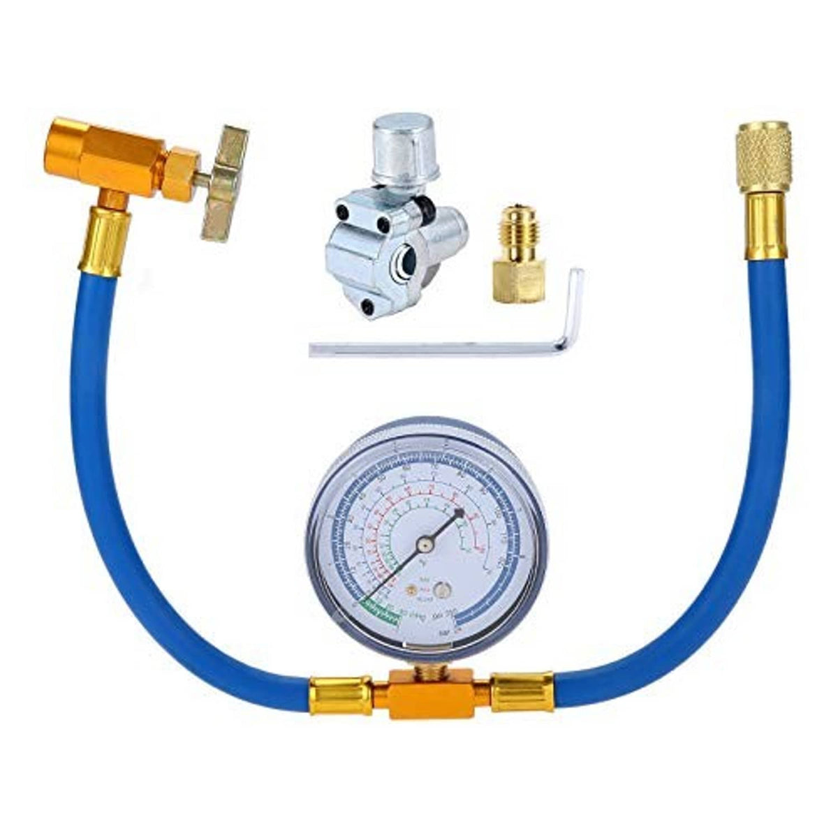 AC recharge hose with dial gauge, blue line, and brass fittings with service valve pieces