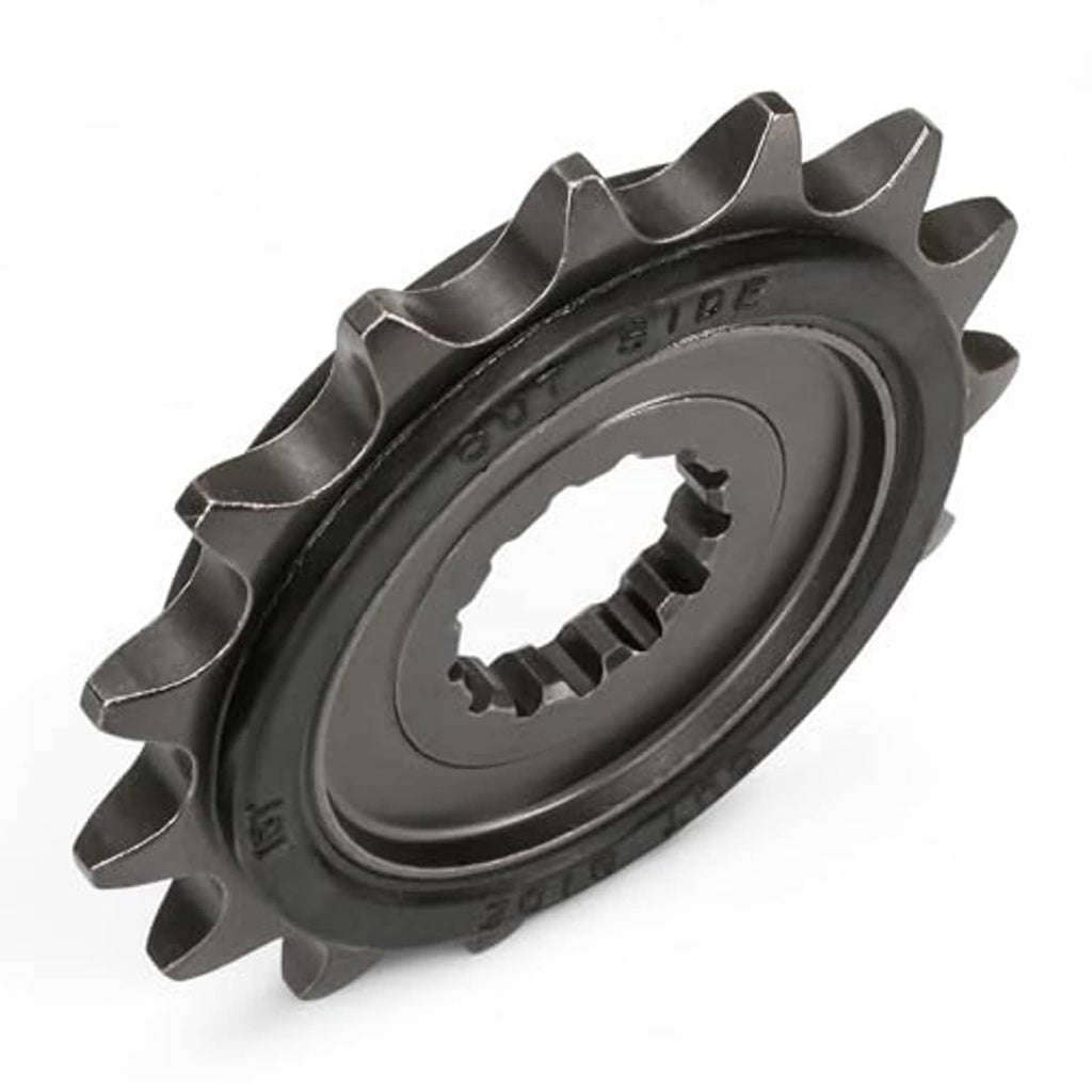 Motorcycle front sprocket side view, dark steel teeth and splined center