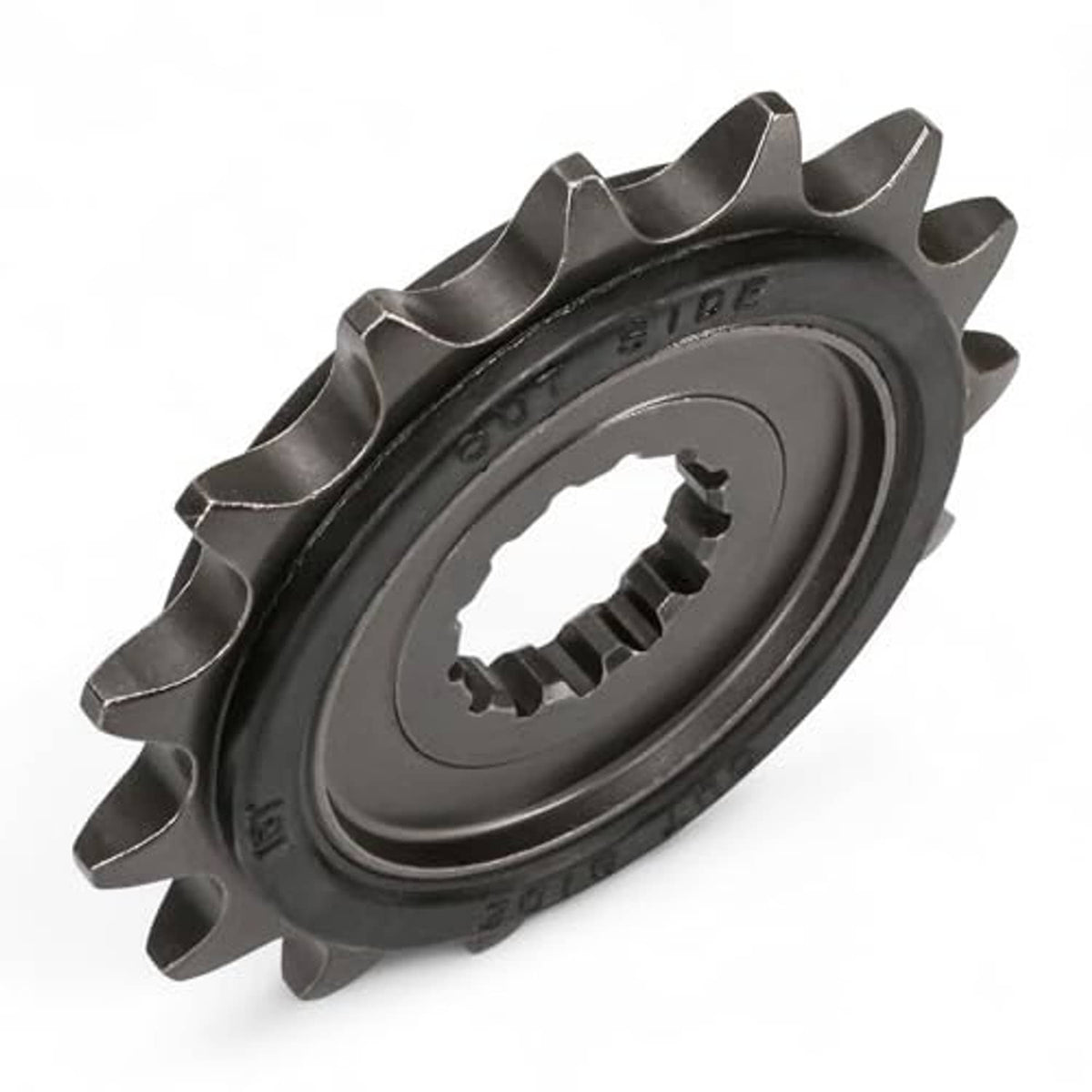 Motorcycle front sprocket side view, dark steel teeth and splined center