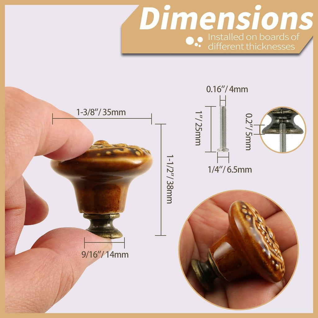 Brown ceramic flower cabinet knob with stem and screw hole, close-up