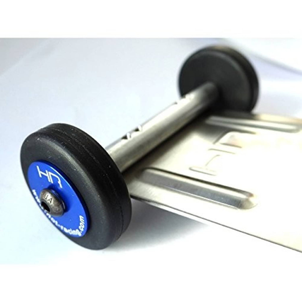 RC suspension upgrade part with black tires and blue hub on silver axle bar