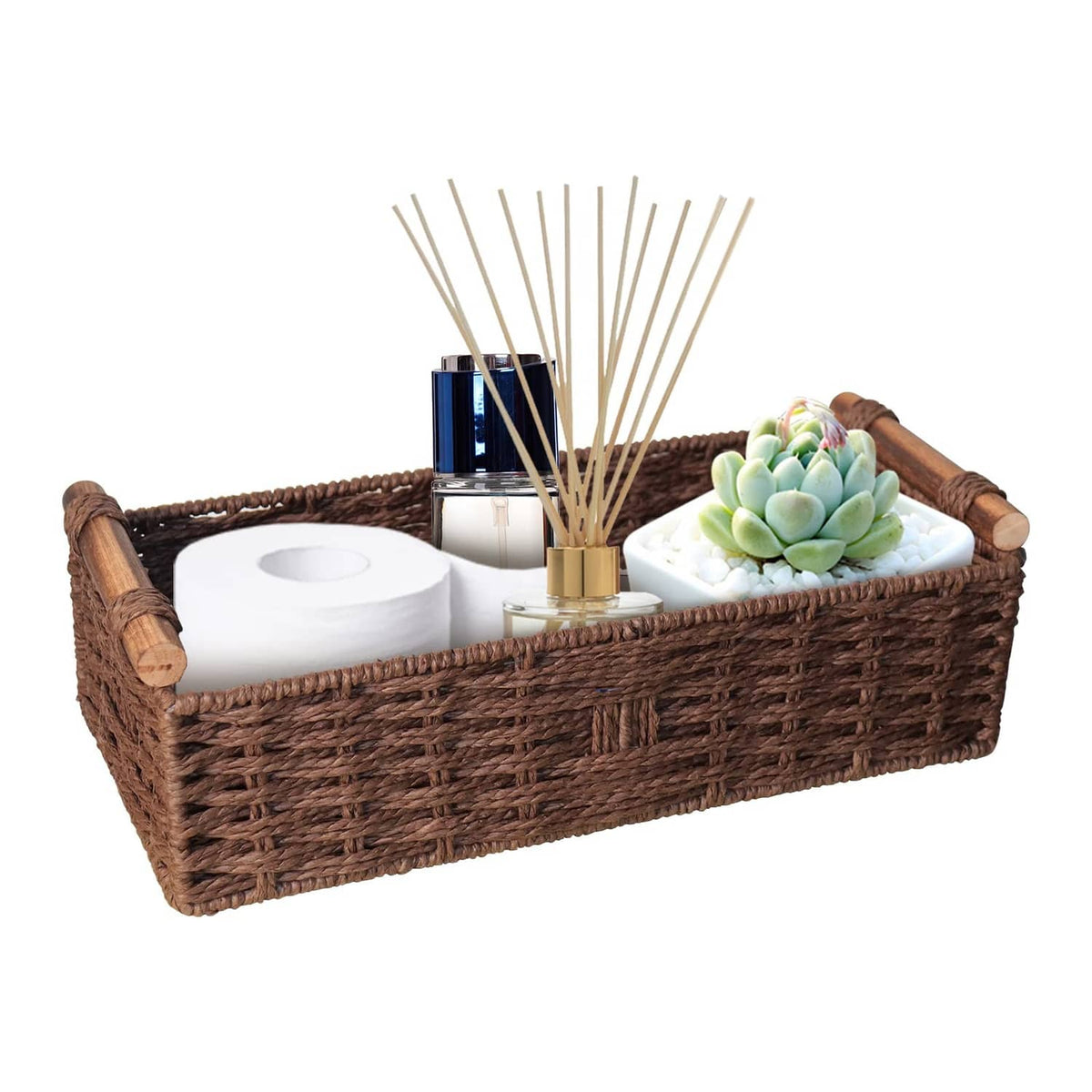 Rectangular brown woven storage basket with side handles