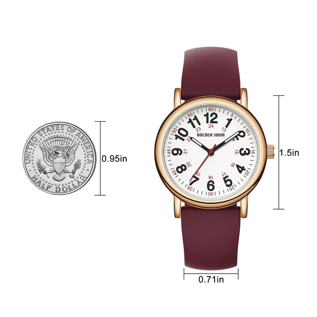 Nurse watch with wine-red strap and rose-gold case, round white dial with colorful indices