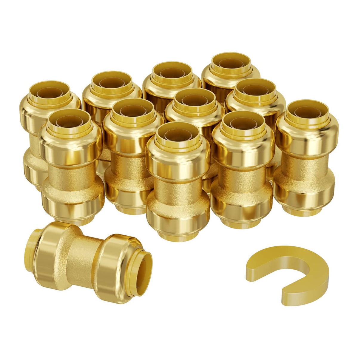 Gold brass straight-through push-fit fittings bundle with 12 pieces and spare clip