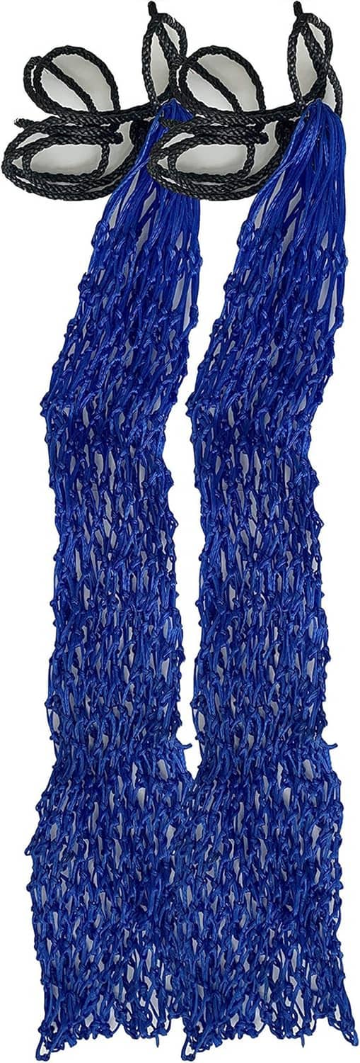 Two hanging blue hay nets with looped black straps, conical mesh with small openings