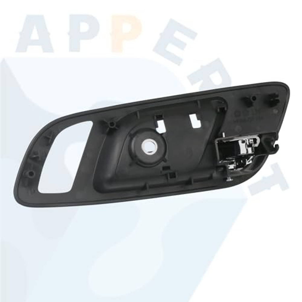 Black left interior door handle housing with latch mechanism and screw holes