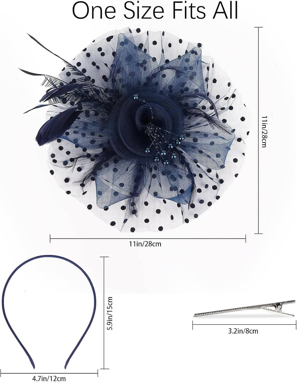 Navy polka-dot tulle fascinator with feathered flower and adjustable headband