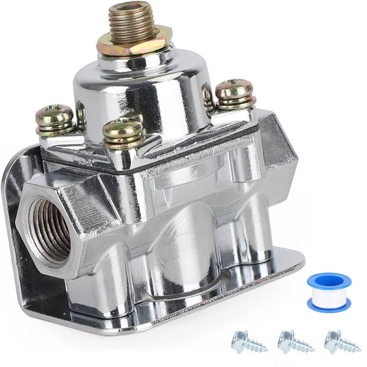 Chrome fuel pressure regulator with threaded fitting and side mounting bracket