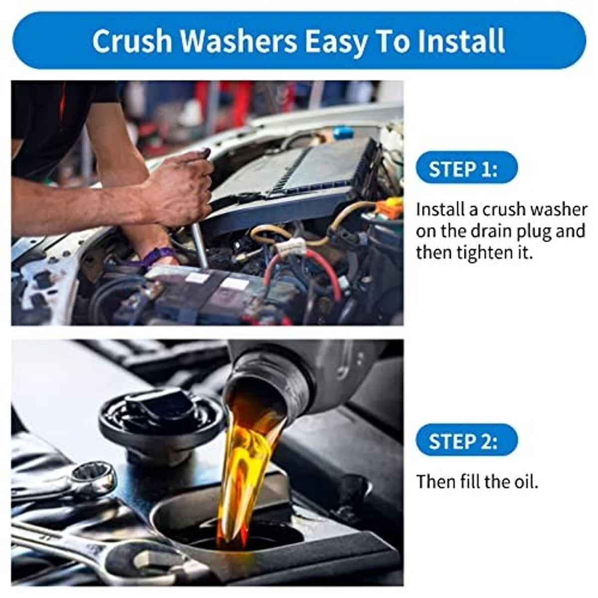 Crush washer installation illustration featuring metal ring gaskets