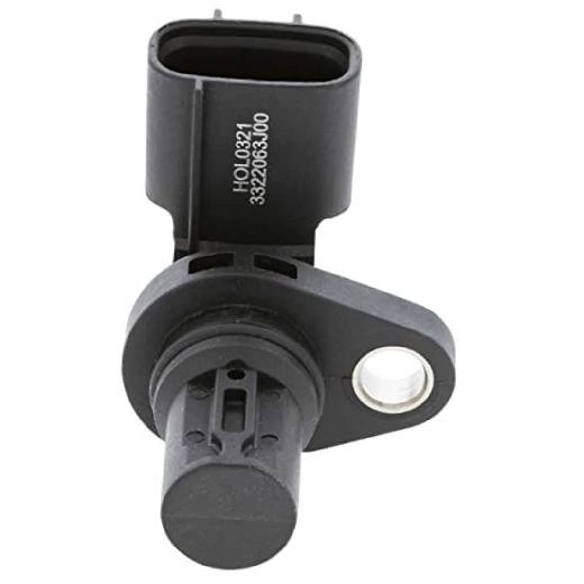 Camshaft position sensor with gray plastic body and metal mounting tab