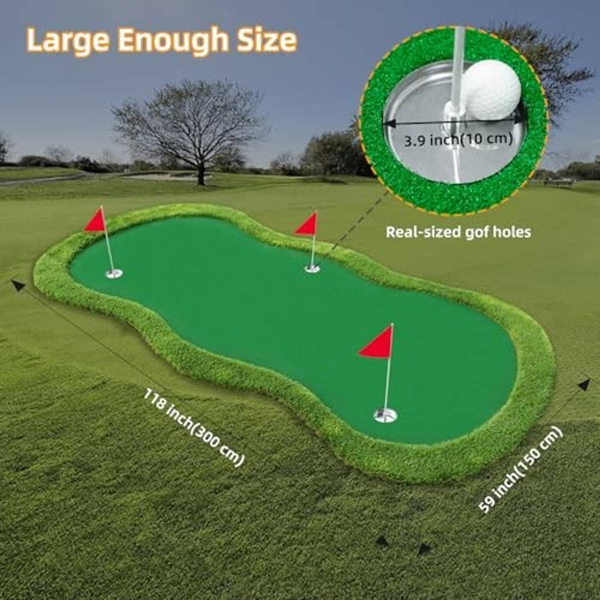 Large golf putting green mat with three real-sized holes and red flags on turf