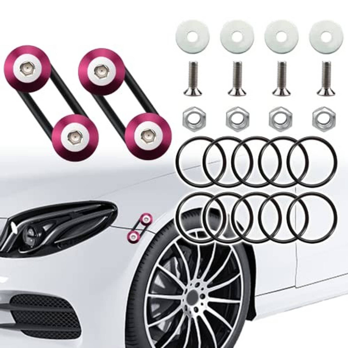 Pink bumper quick-release bracket set with bolts, nuts, washers, and black rubber rings