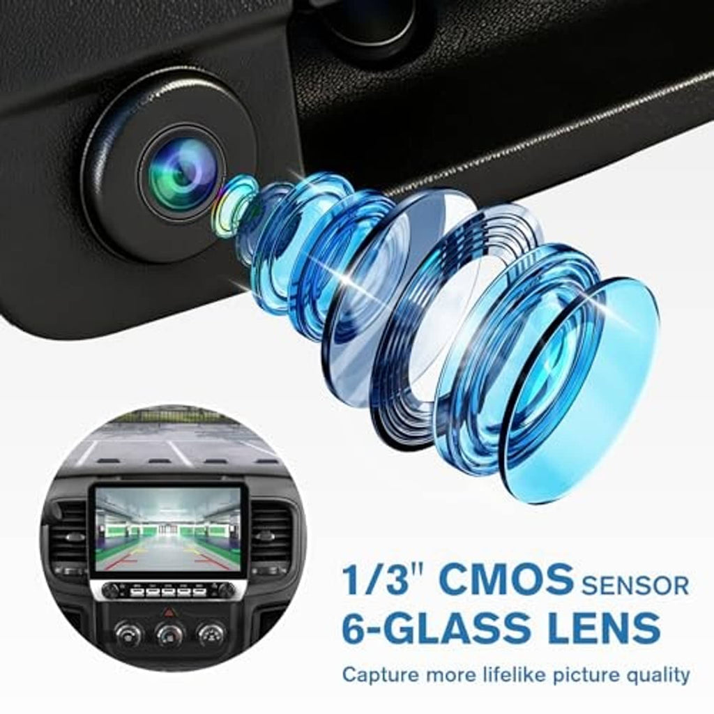 Blue-glass backup camera lens on black tailgate handle with spring mount