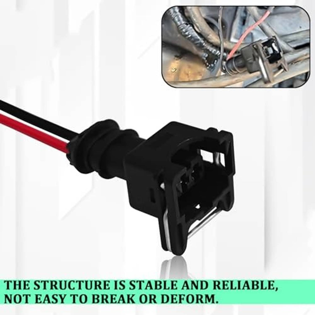 Fuel injector connector plug with black housing and red/black wires, shown connected