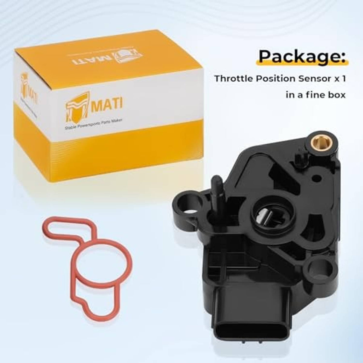 Throttle position sensor with red gasket seal, pictured with retail package box