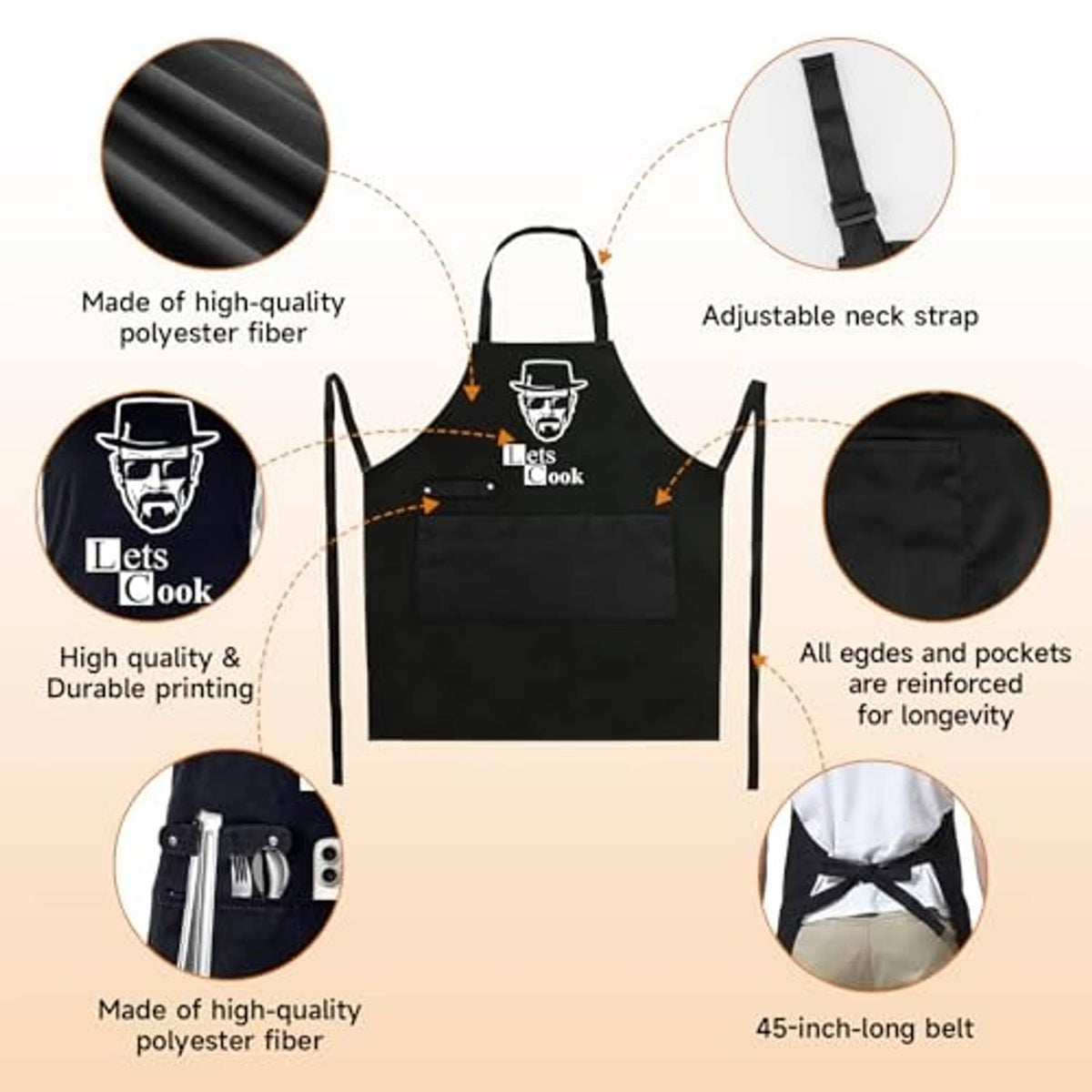 Black 'Lets Cook' apron with chef-hat face graphic; adjustable neck strap and pockets