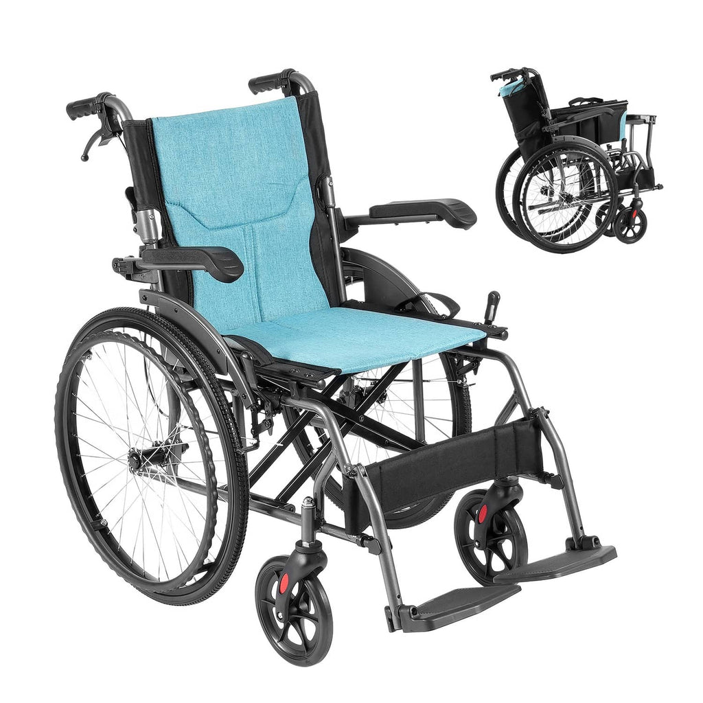 Foldable manual wheelchair with blue seat cushion, rear wheels, and swing-away footrests
