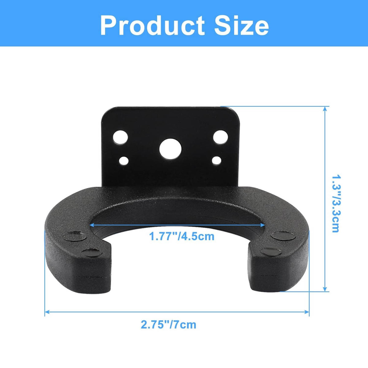 Black U-shaped mic stand holder with size measurements diagram