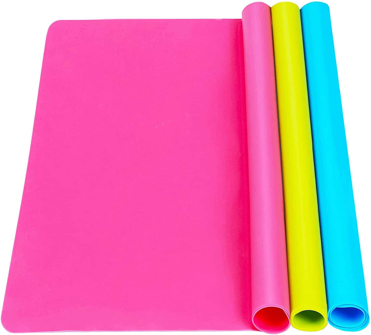 Pink silicone mat with rolled lime green and blue strips on the right edge