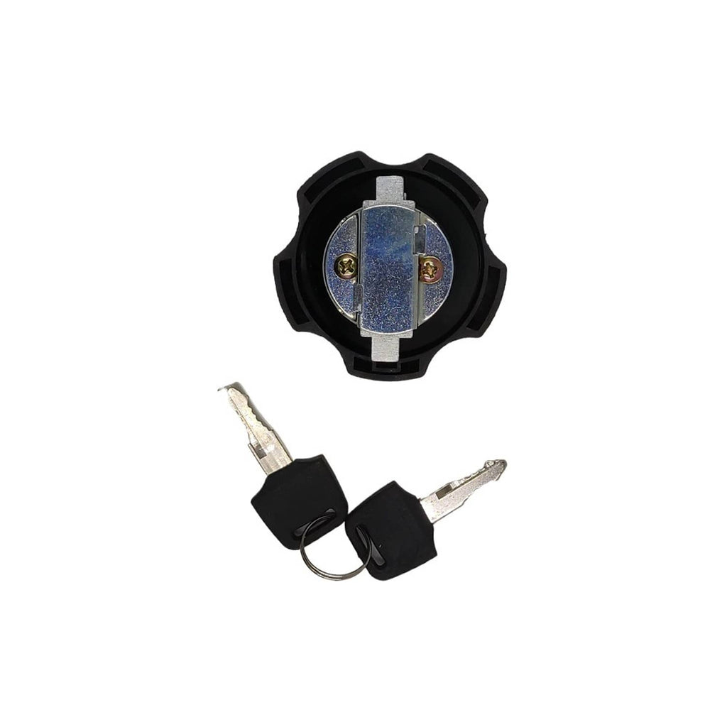Fuel tank cap with two metal keys, black plastic housing and lock cylinder insert
