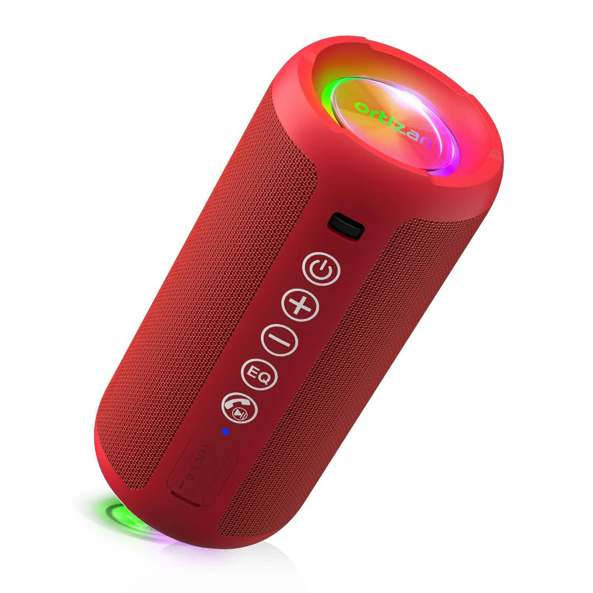 Red Ortizan portable Bluetooth speaker angled view, top glow ring and side button panel