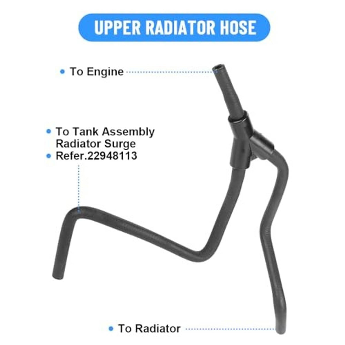 Upper radiator hose with angled routing, black rubber tube and clamp connector