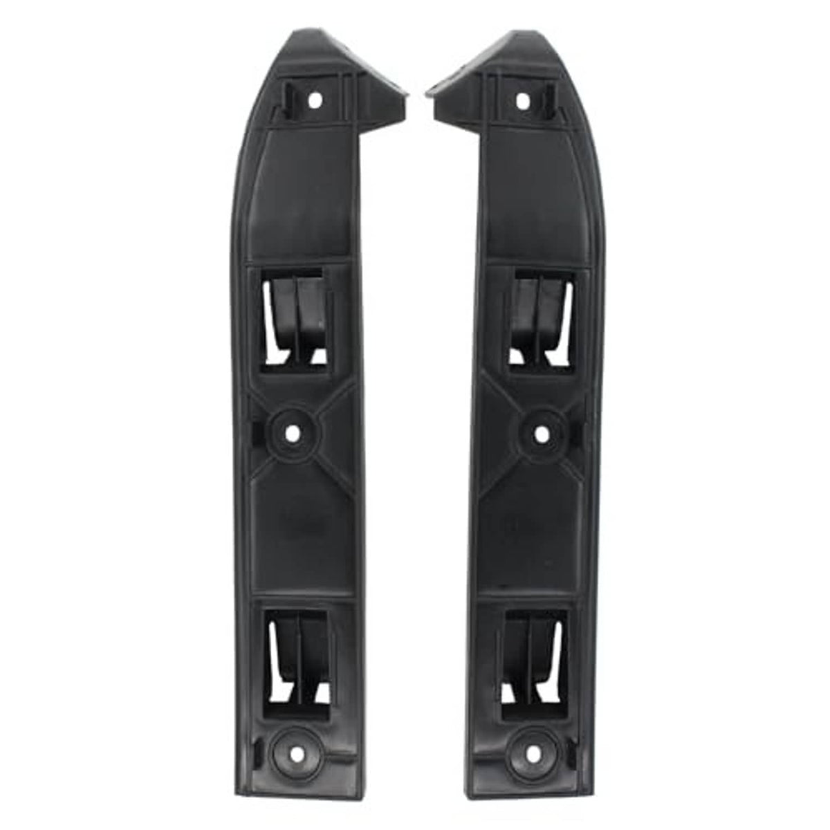 VW bumper guide mount bracket filler support, black plastic pair with side clips and holes