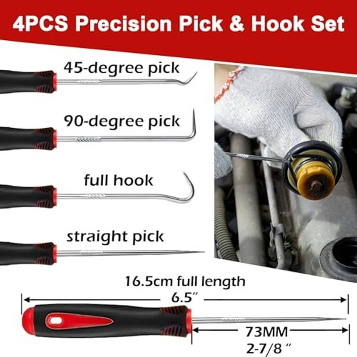 Precision pick and hook set with red tip tools and black rubber handles