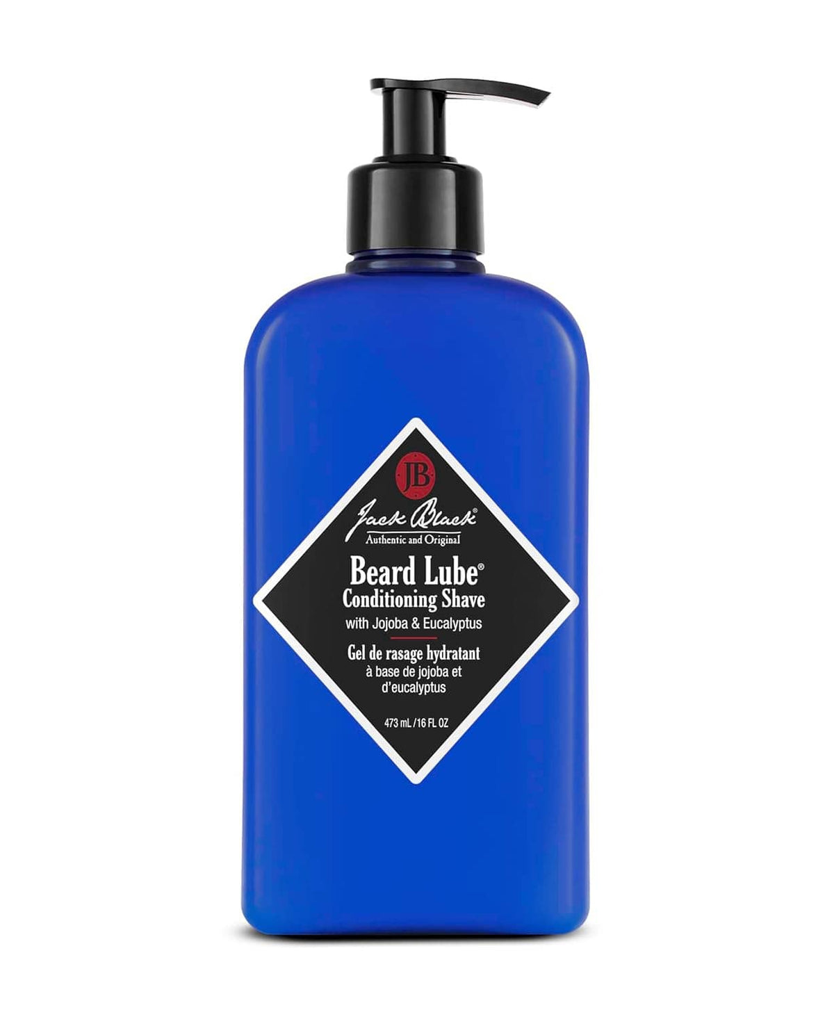 Blue pump bottle labeled beard lube with black dispenser and diamond logo