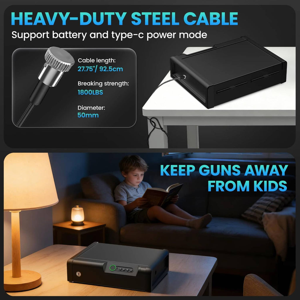 Black biometric handgun safe with charging cable and Type-C power connection