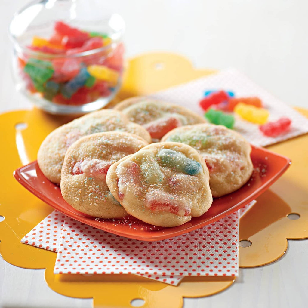 Plate of assorted soft and chewy candies with colorful sugar pieces sprinkled on top