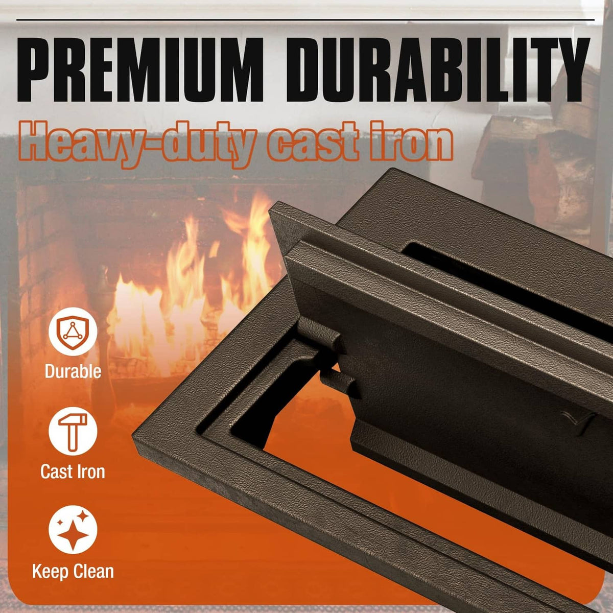 Blackish brown cast iron ash dump door with raised edge and central opening
