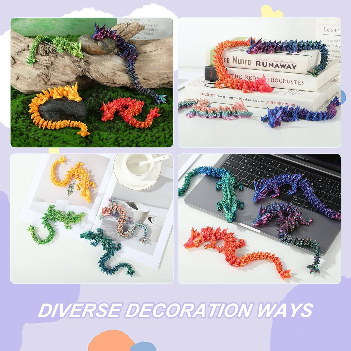 Multiple articulated crystal dragon toys in bright colors for decorative display