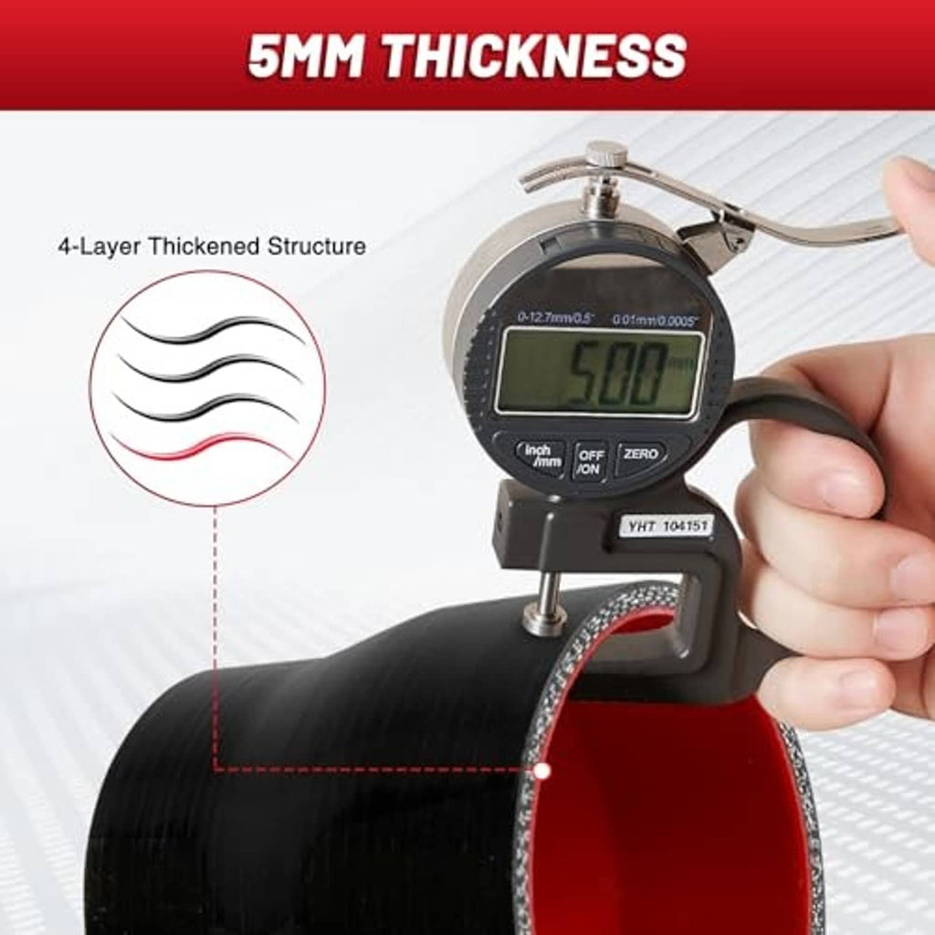 Black silicone reducer hose with red interior, measured with caliper