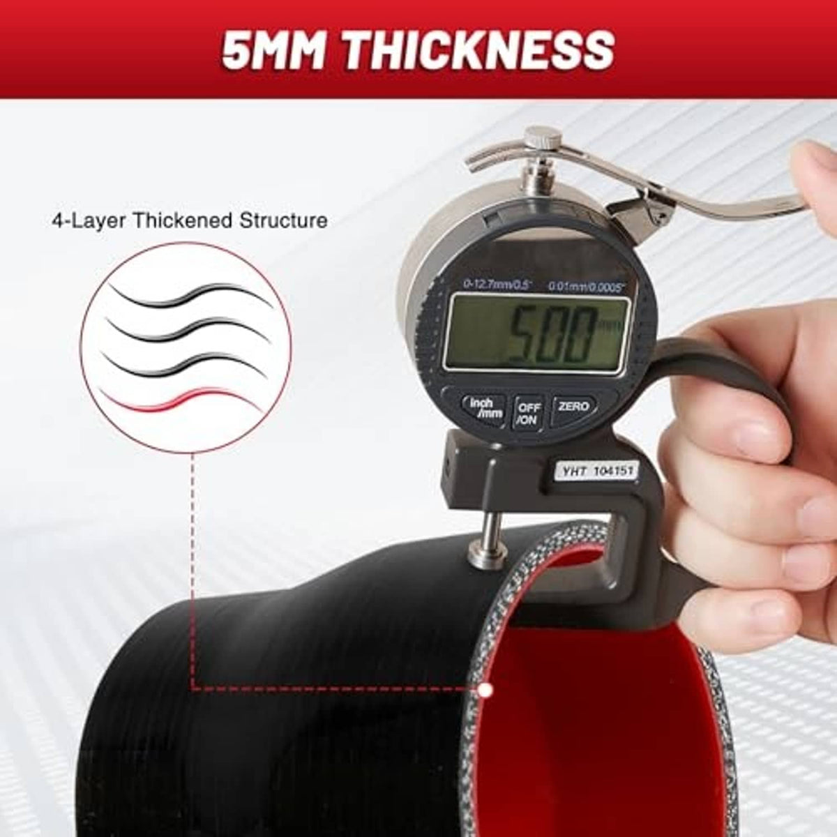 Black silicone reducer hose with red interior, measured with caliper