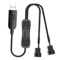 USB to dual 3/4-pin fan power adapter with inline ON/OFF switch and braided black cable