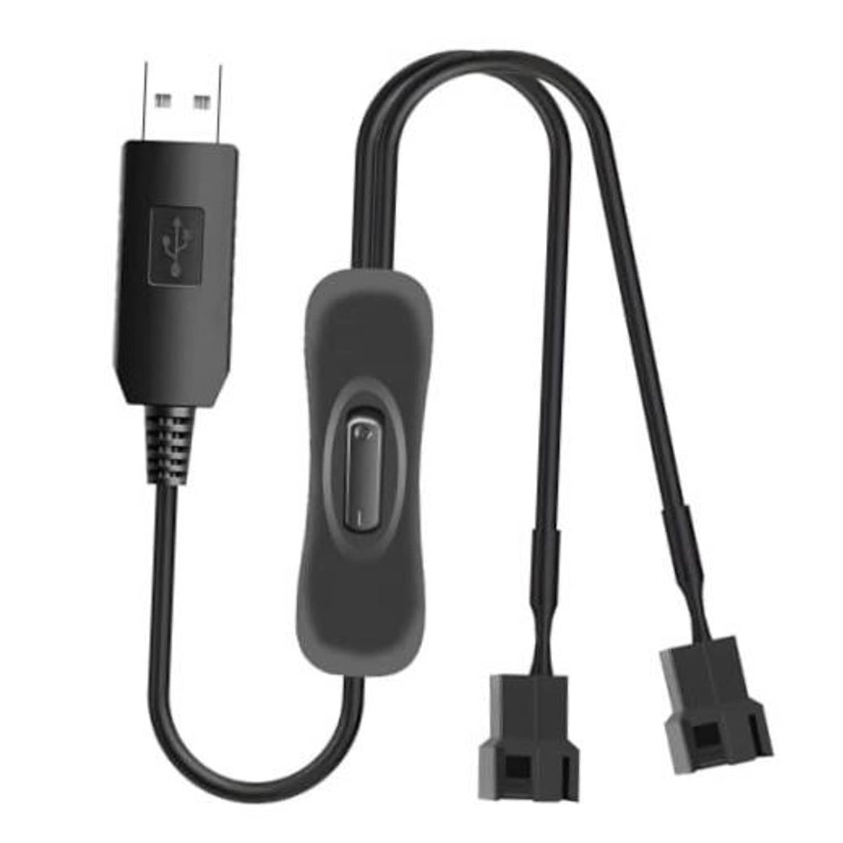 USB to dual 3/4-pin fan power adapter with inline ON/OFF switch and braided black cable